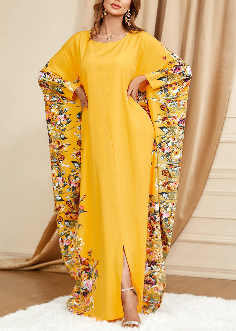 Yellow O Neck Print Front Open Cotton Dress Spring