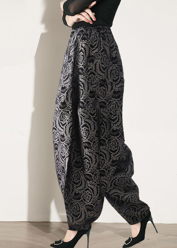 Black Print Elastic Waist Lantern Pants Spring