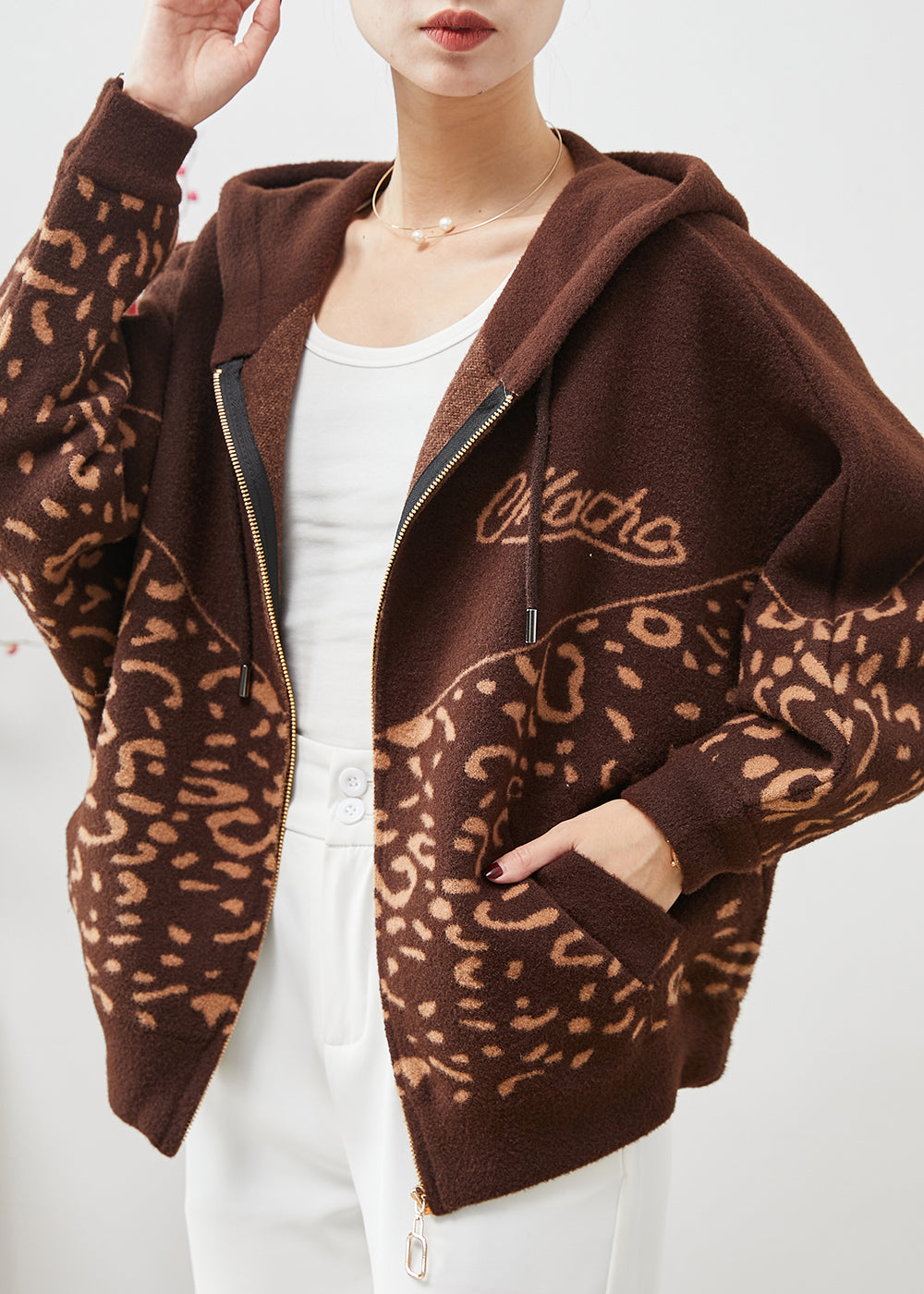 Brown Hooded Print Woolen Coat Spring