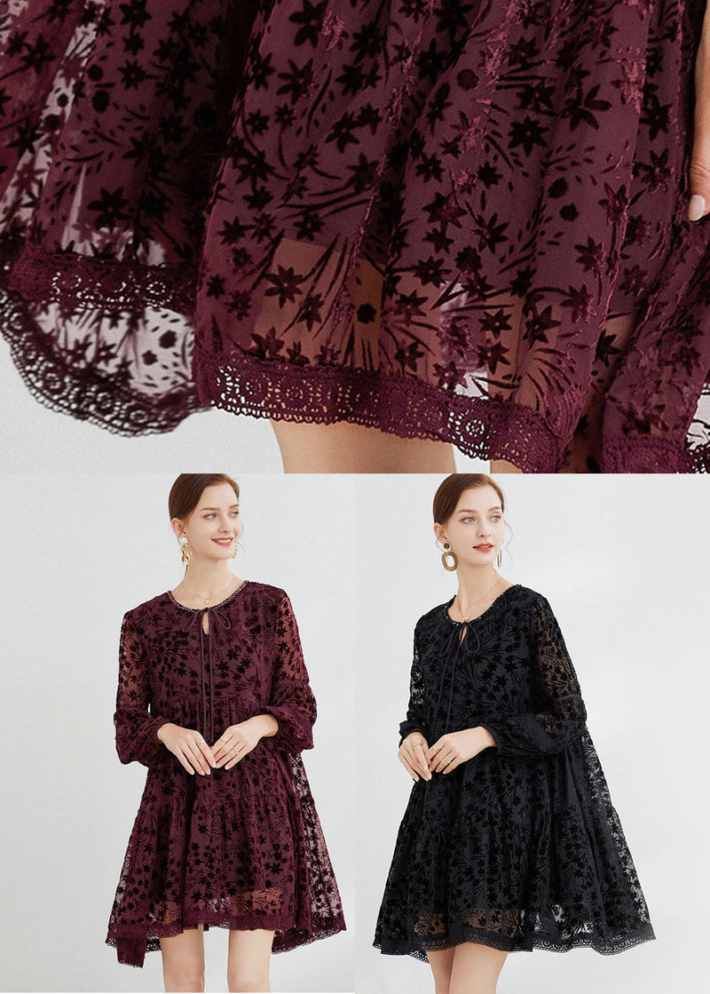 Black Silk Velour Dresses O-neck Hollow Out Long Sleeve