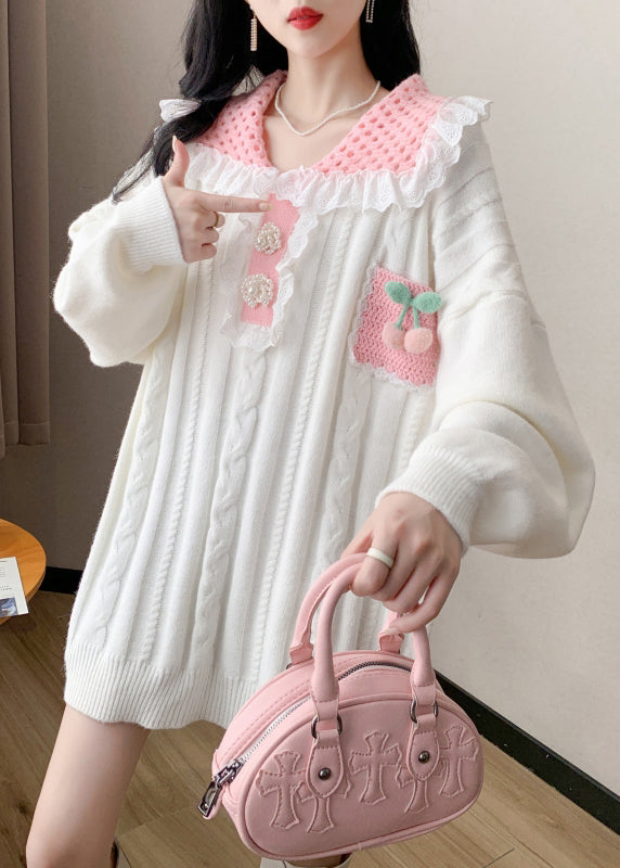 Beige Nail Bead Patchwork Cotton Knit Sweaters Long Sleeve