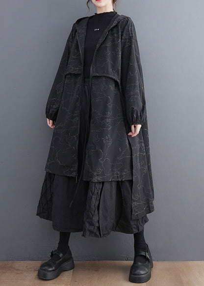 Vogue Black Asymmetrical Patchwork Print Zippered Tie Waist Hoodie Trench Coat Spring