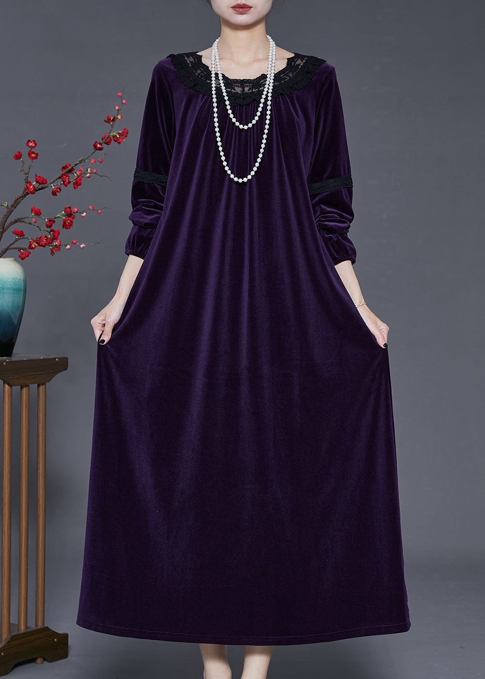 Dull Purple Patchwork Silk Velour Long Dress Oversized Fall