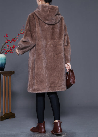 Coffee Hooded Warm Mink Velvet Coat Outwear Winter