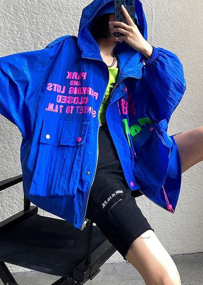 Blue Print Pockets Zippered Spring Hooded Coat