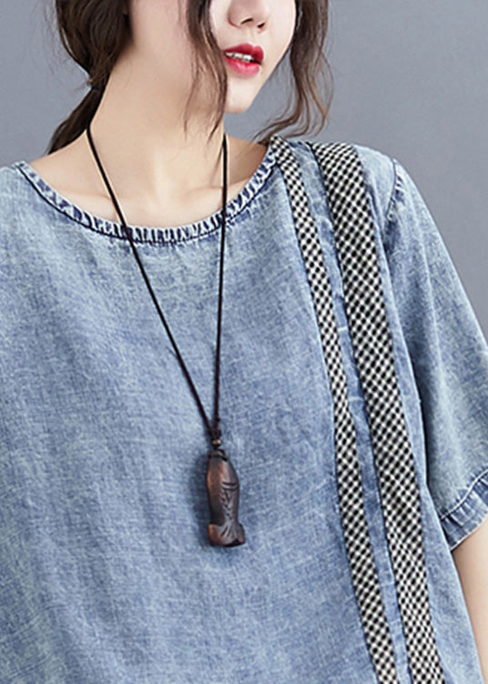 Retro Denim Blue O-neck Patchwork Top Half Sleeve