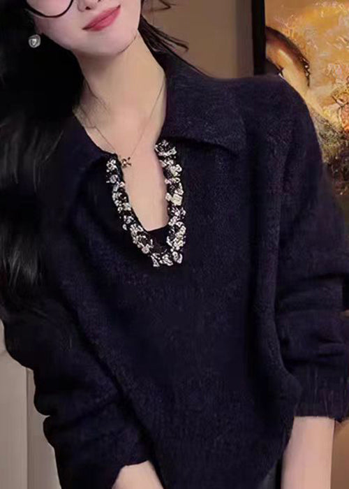 Black Peter Pan Collar Zircon Knitted Tops Fall