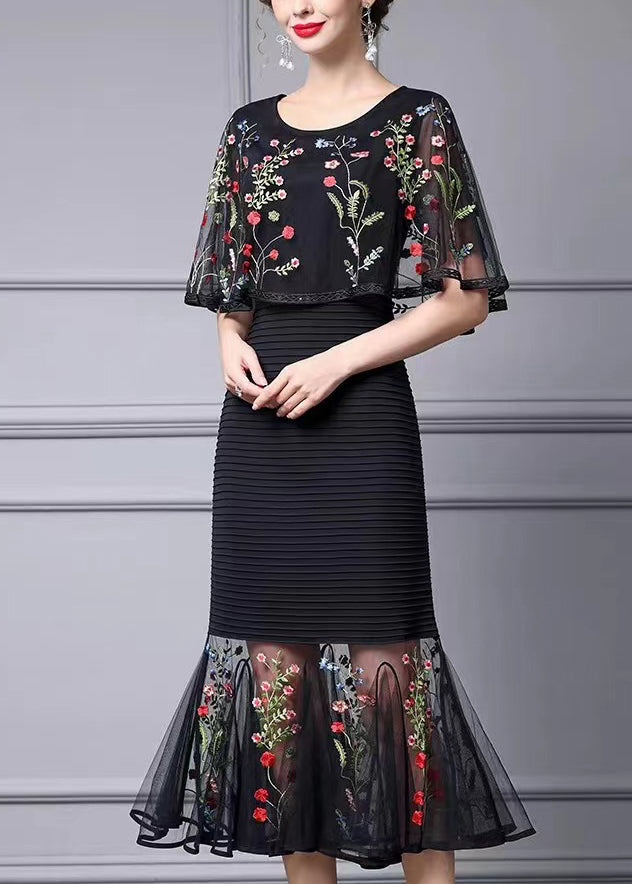 Fine Black Cape Style Dresses Multicolor Embroidered Summer