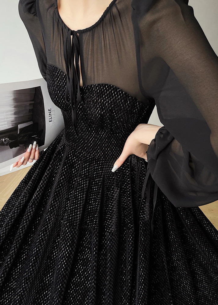 Black O-neck Tulle Drawstring Patchwork Velour Long Dresses Long Sleeve