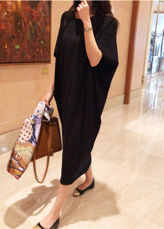 Black O-neck Linen Long Dress Batwing Sleeve