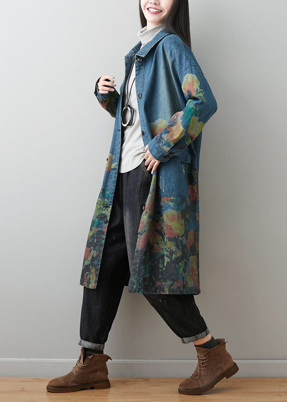 Blue Peter Pan Collar Pockets Print Cotton Denim Coats Spring