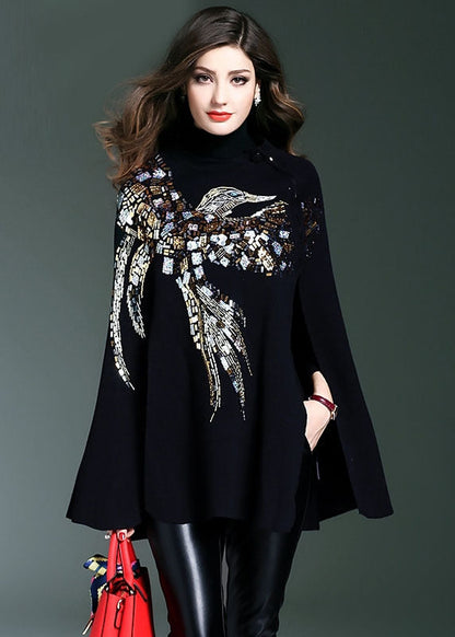 Black Turtle Neck Sequins Knit Sweater Cloak Sleeves