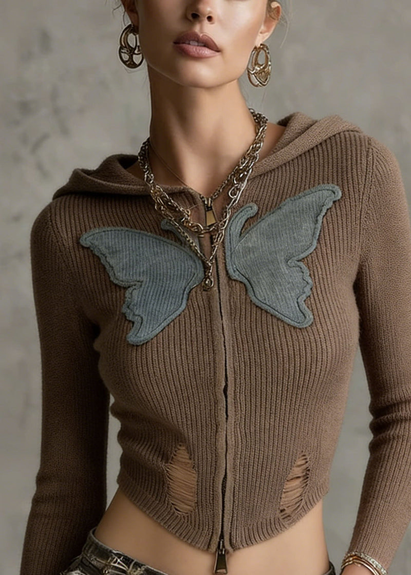Stylish Coffee Zip Up Butterfly Knit Hoodies Outwear Spring