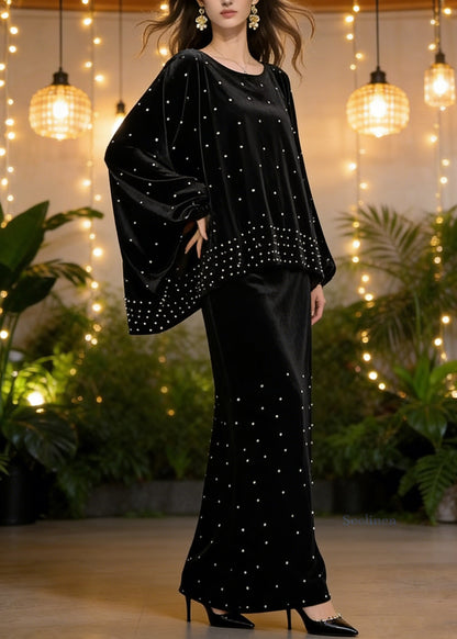 Black Oversized Nail Bead Silk Velvet Two Piece Set Clothing Spring