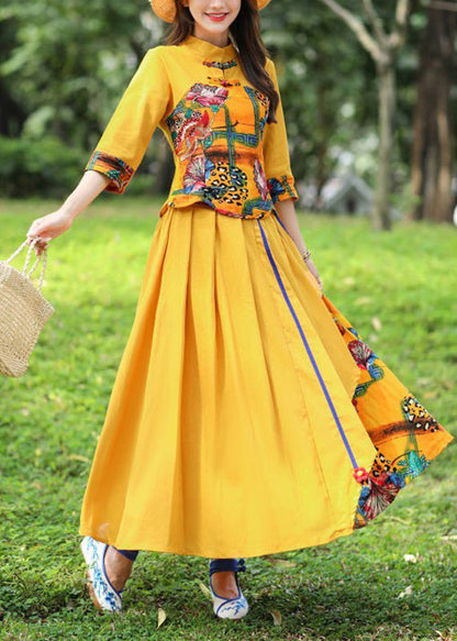 Stylish Yellow O-neck Print Top and Skirts Two Piece Set Fall