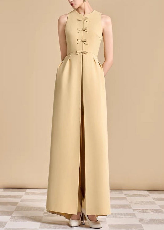 Art Yellow Wrinkled Side Open Dresses and Pants Cotton Two Pieces Set Sleeveless