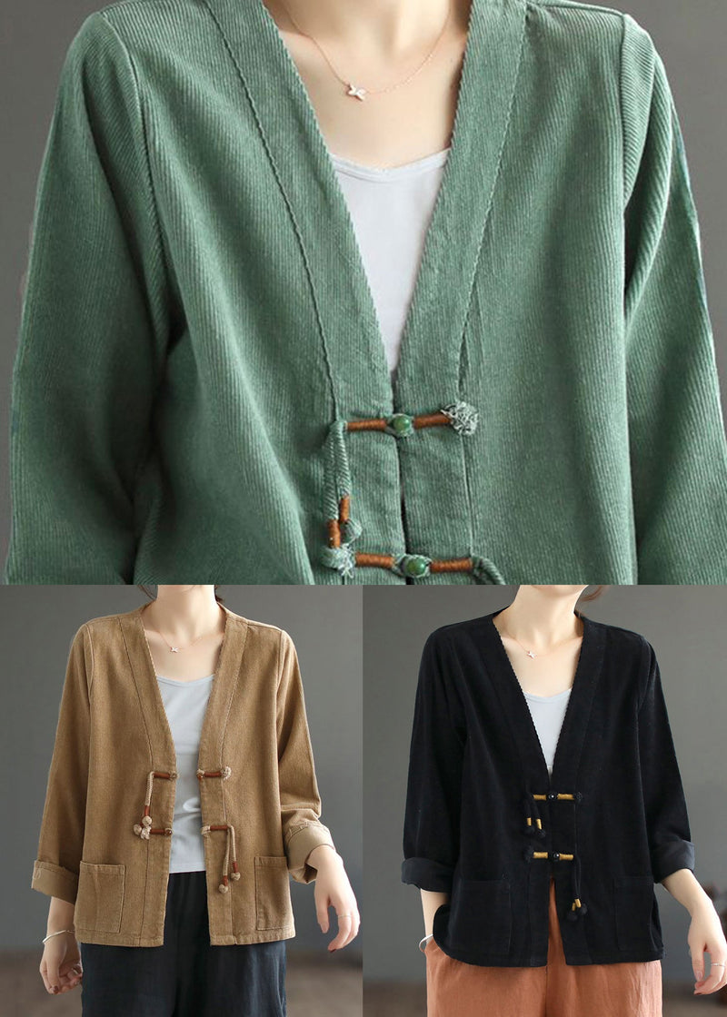 Black V Neck Tasseled Button Patchwork Corduroy Coat Fall