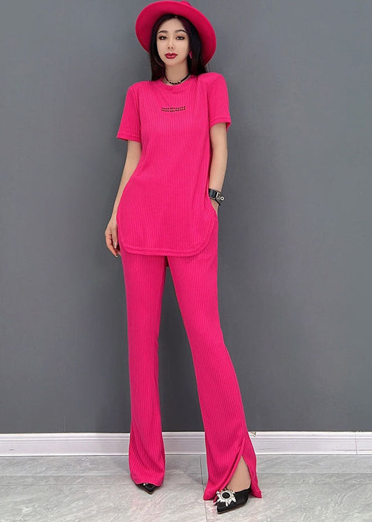 Red O-neck Side Open Letter Cotton Tops and Flare Pants Two Piece Set Outfits Short Sleeve