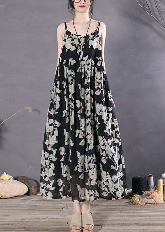 Black Print Wrinkled Spaghetti Strap Long Dress Sleeveless