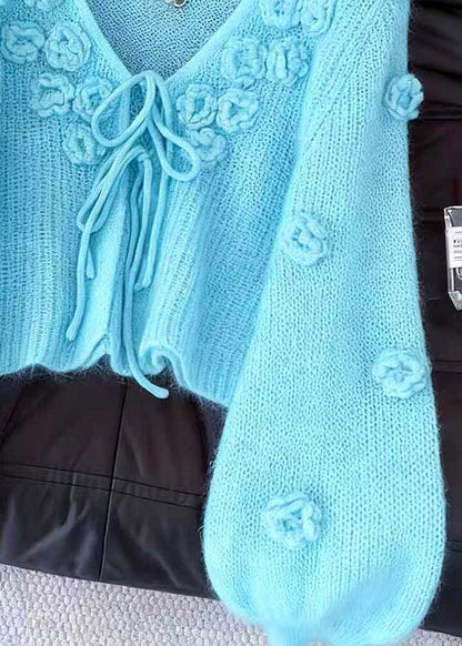 Light Blue Original Design Lace Up Knit Cardigan Fall
