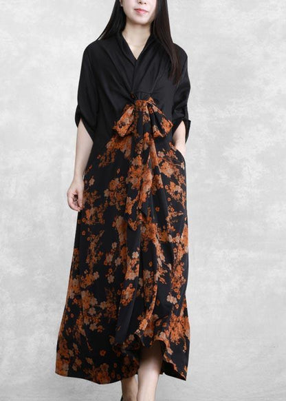 Orange Print Dresses Asymmetric V Neck Maxi Spring Dresses