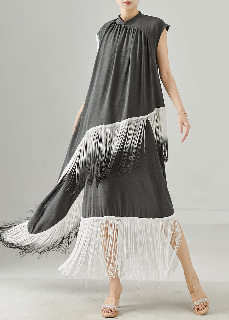 Grey Tasseled Patchwork Asymmetrical Design Robe Dresses