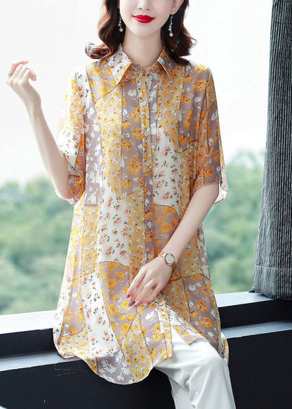 Orange Peter Pan Collar Print Button Chiffon Blouse Top Half Sleeve