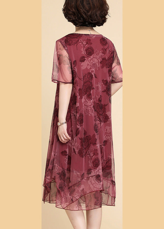 Red O-neck Asymmetrical Long Dresses Short Sleeve