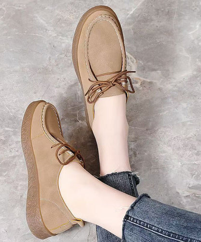 Lace Up Flat Feet Shoes Brown Faux Leather