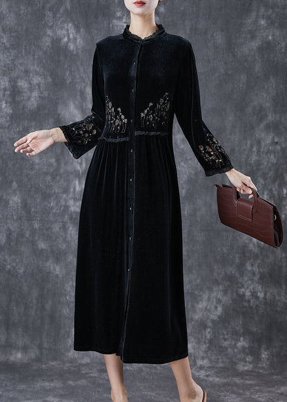 Black Embroideried Ruffled Silk Velour Dress Spring