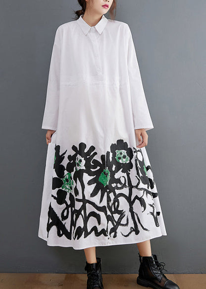 White Peter Pan Collar Button Pockets Shirt Dress Long Sleeve