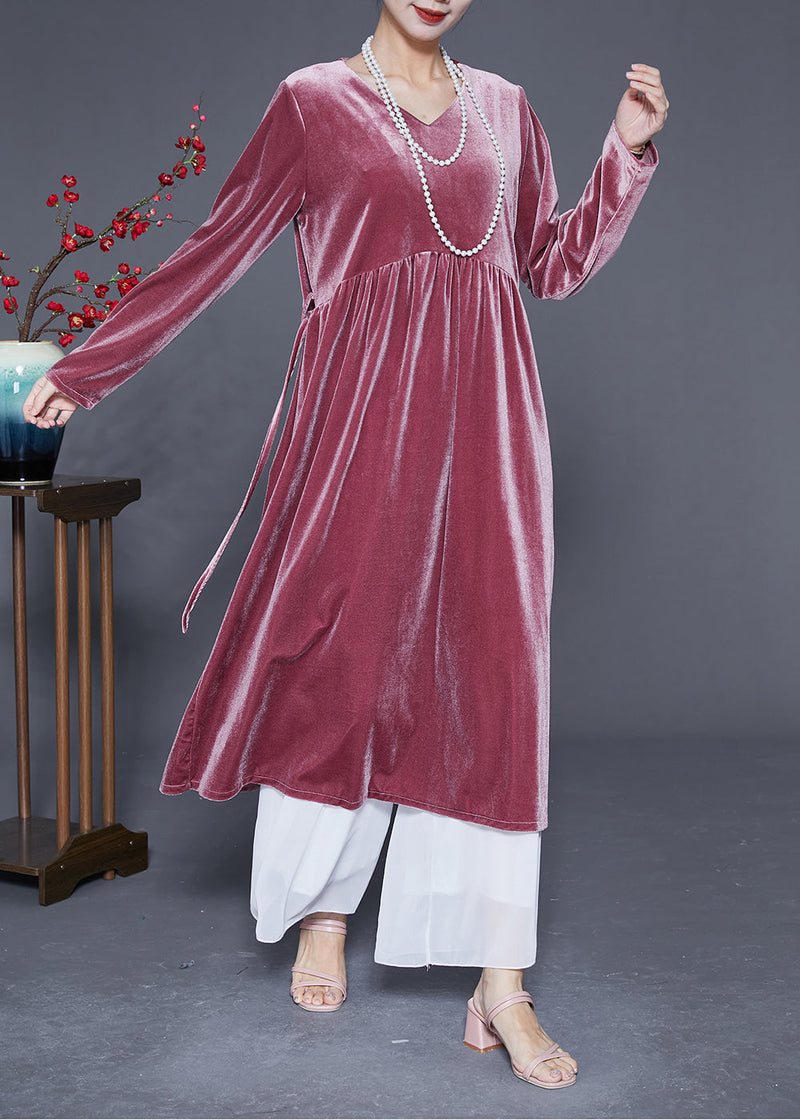 Brick Red V Neck Patchwork Silk Velour Maxi Dresses Spring