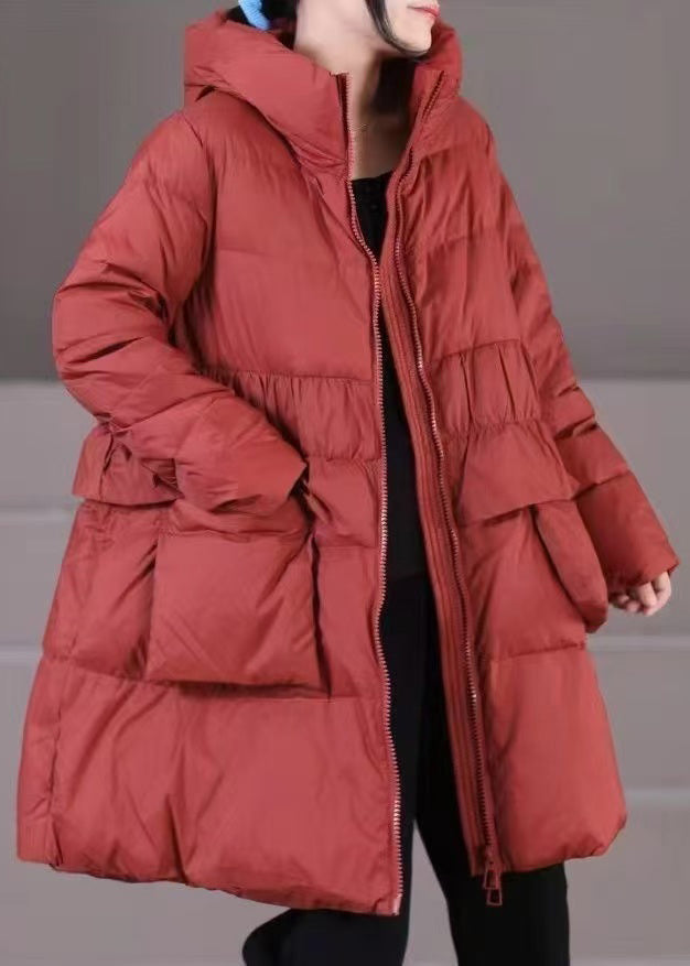 Khaki Hooded Zippered Pockets Down Coats Winter
