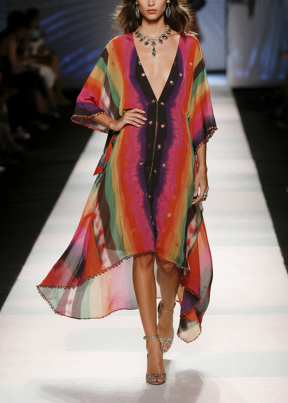 Red Tie Dye Draping Chiffon Vacation Dresses Summer