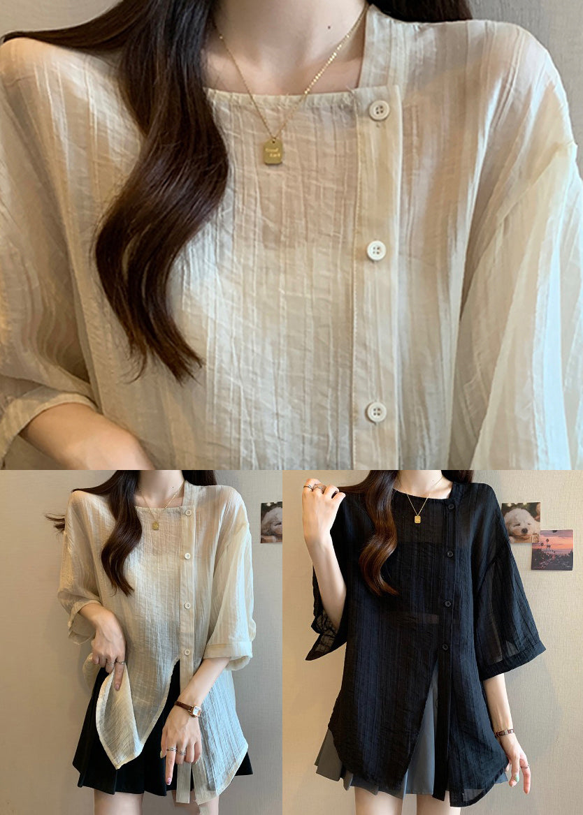Black Patchwork Chiffon Shirts Asymmetrical Spring