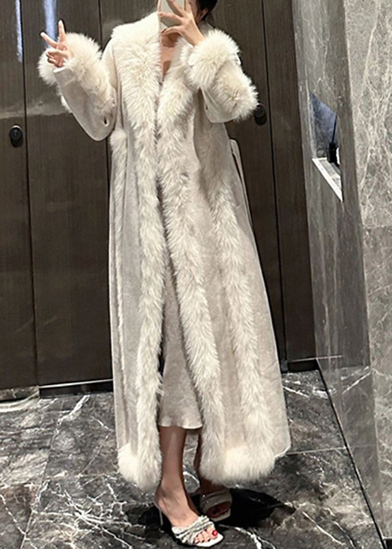 Style White Fox Collar Patchwork Pockets Leather and Fur Long Coats Winter