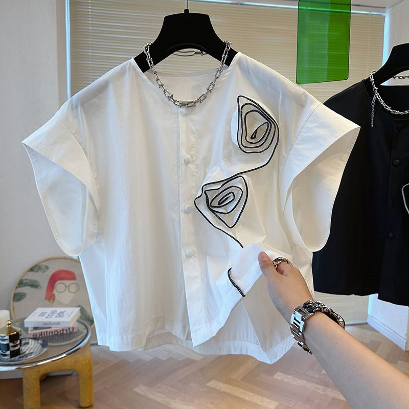 Vogue White O-neck Rose Button Shirts Batwing Sleeve Summer