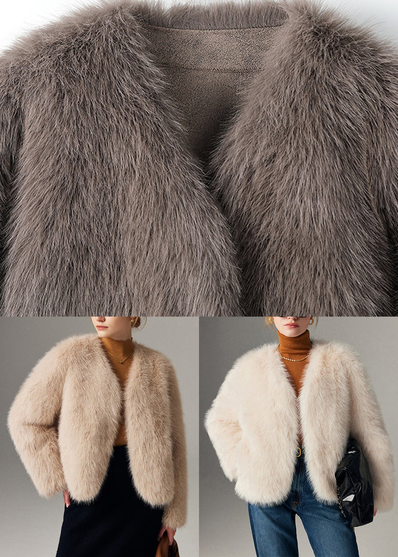 Classy Beige V Neck Warm Leather and Fur Coat Winter