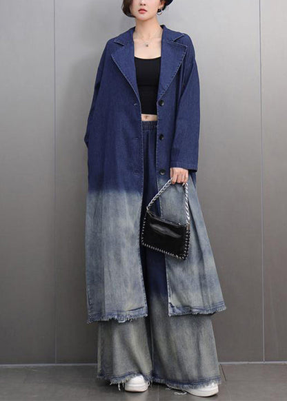 Gradient Color Navy Notched Denim Long Trench Coats and Wide Leg Pants Two Pieces Set Fall