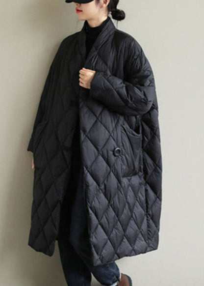 Street Black Stand Collar Button Pockets Winter Down Coat Long Sleeve Winter