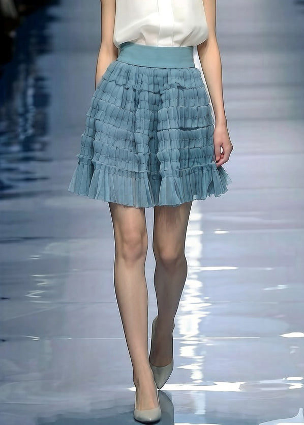 Blue Elastic Waist Tulle Skirt Wrinkled Summer