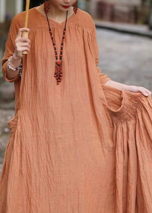Orange V Neck Pockets Linen Long Dresses Bracelet Sleeve