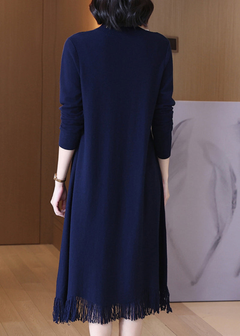 Navy O-neck Tasseled Wool Knit Dress Long Sleeve