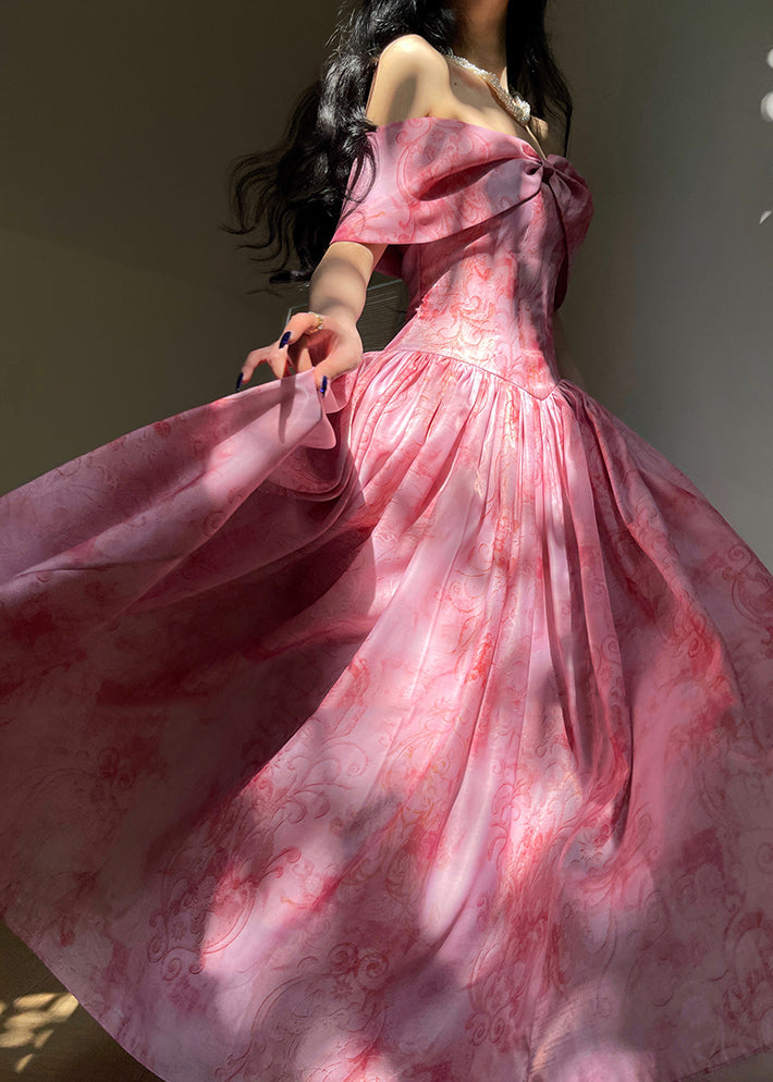 Pink Slash Neck Wrinkled Print Silk Dress Summer