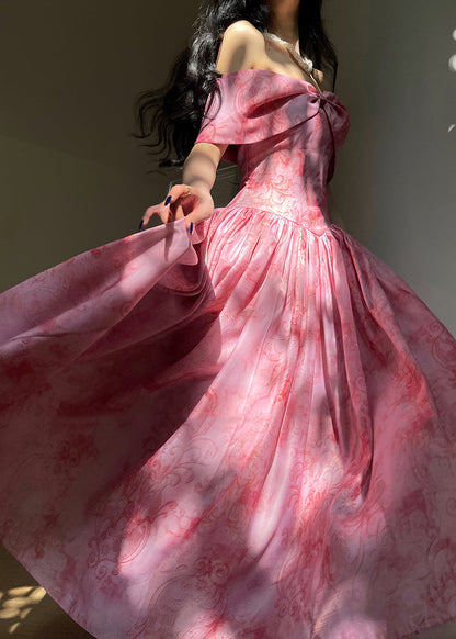 Pink Slash Neck Wrinkled Print Silk Dress Summer