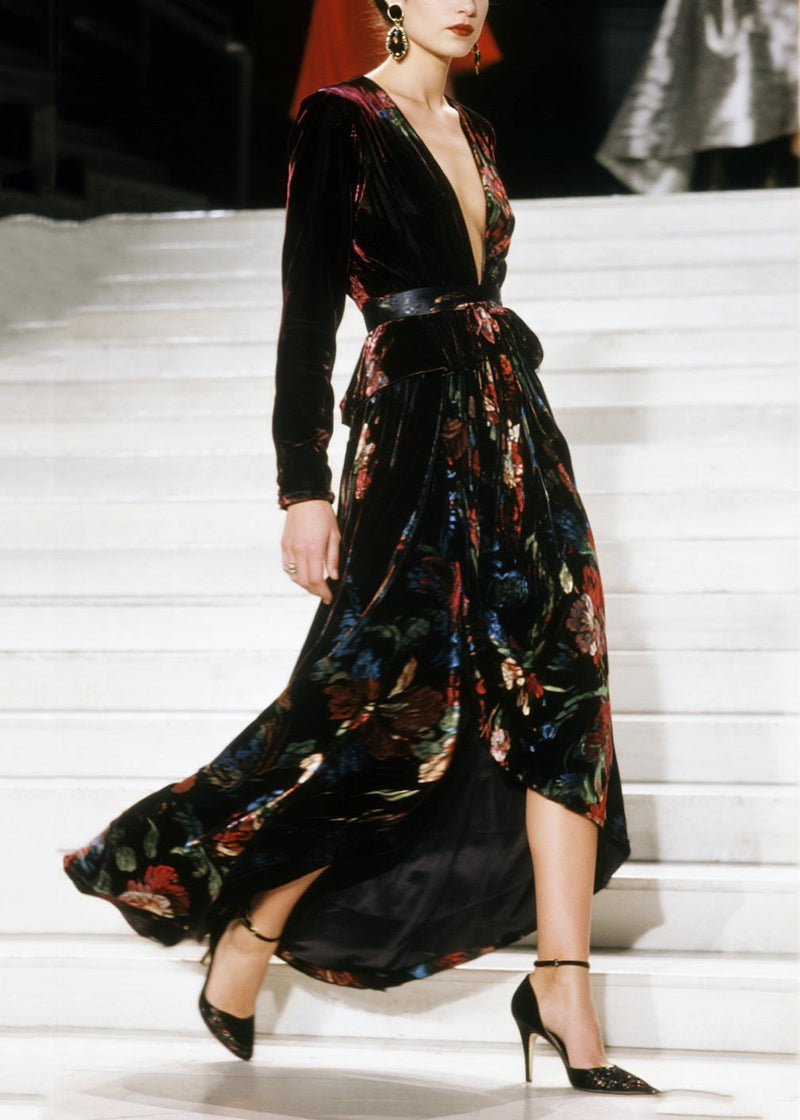 V Neck Asymmetrical Design Print Velvet Dress Fall