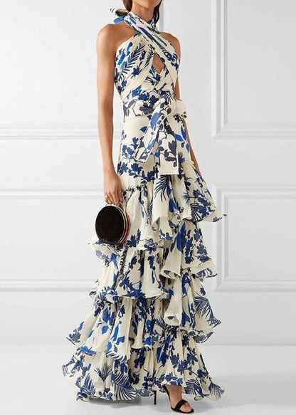 European and American Vacation Style Ruffled Print Dress Sleeveless