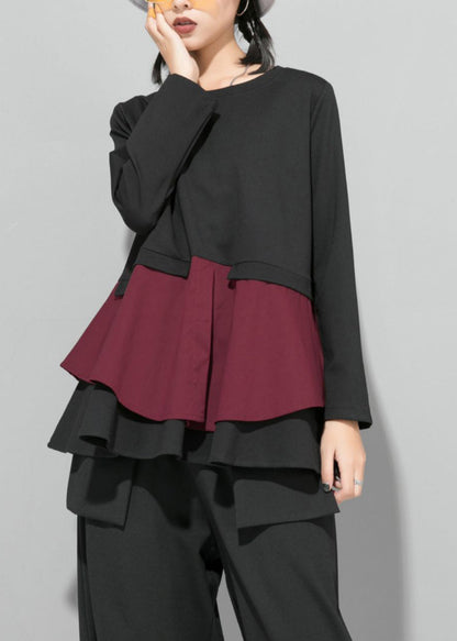 Simple Mulberry O-neck Ruffled Patchwork Top Spring