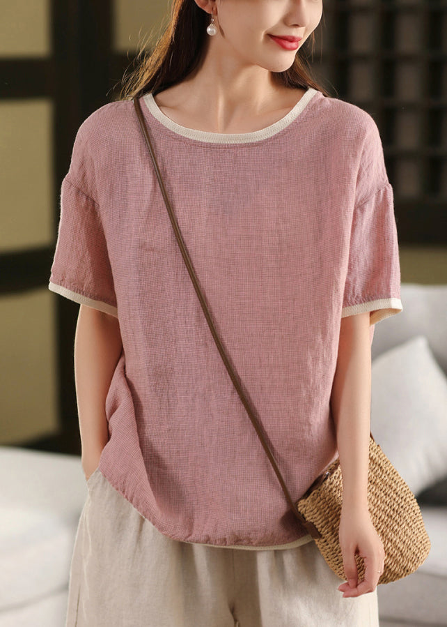 Pink O Neck Patchwork Linen T Shirts Summer