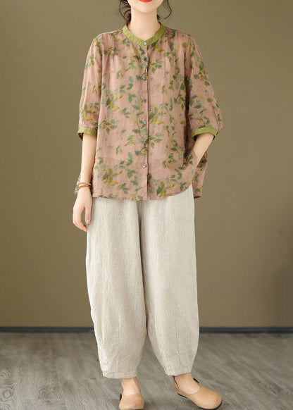 French Pink Shirts and Linen Crop Pants Cotton Two Pieces Set Spring